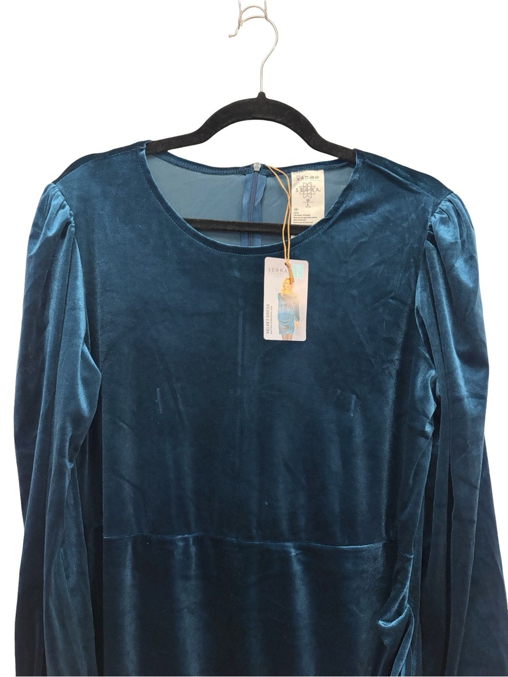 Teal Blue Velvet Ruched Long Sleeve Dress Women’s Large Sz L Brand Serra - Picture 3 of 11